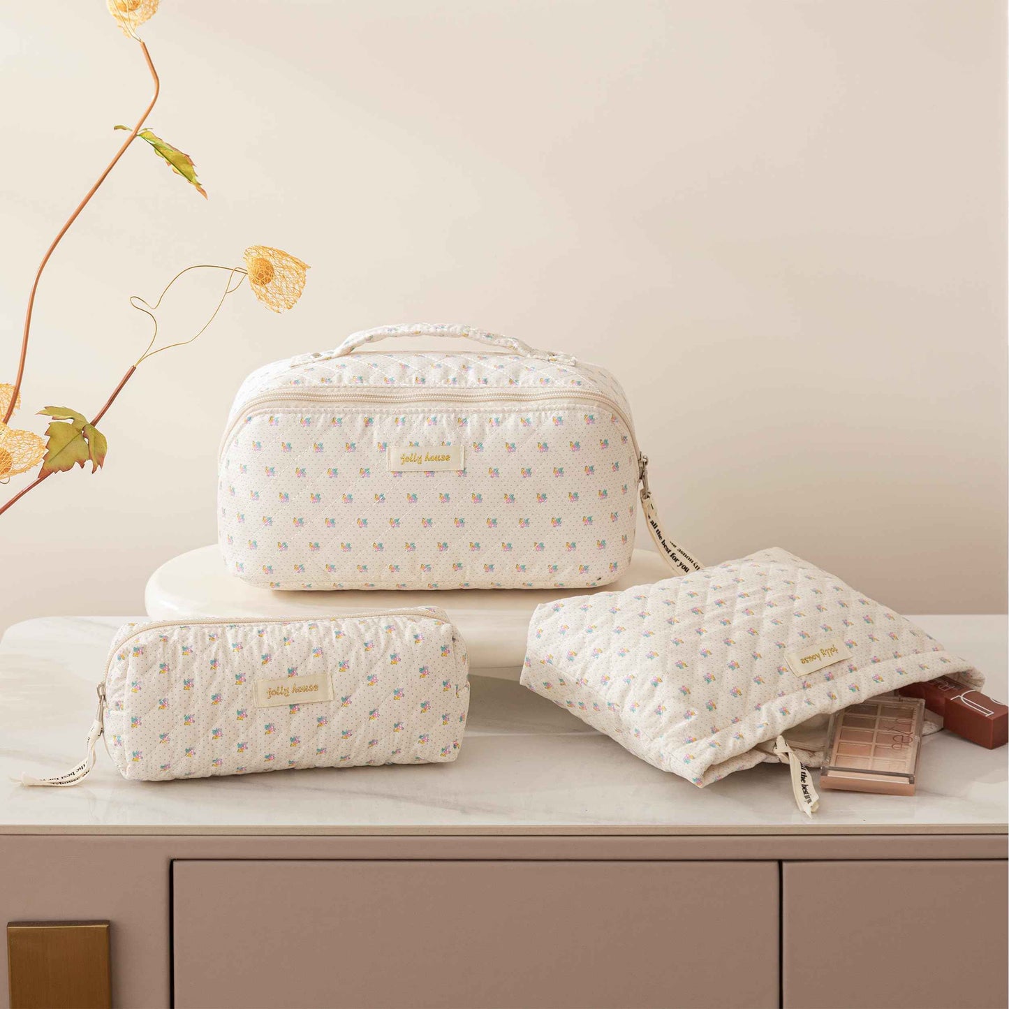 HBselect Quilted Makeup Bag, 3PCS Cotton Large Travel Makeup Bag, Cute Floral Coquette Make up Bag Cosmetic Bag Toiletry Bag for Women Girls