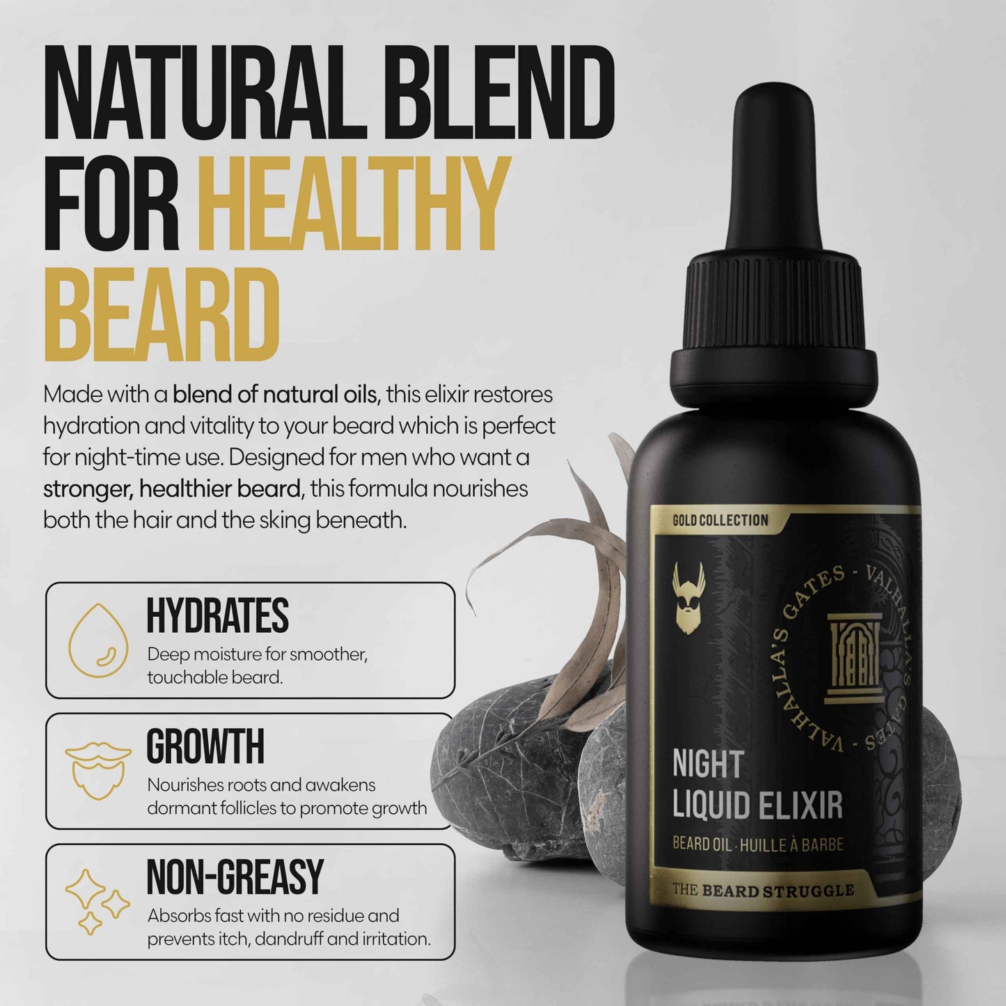 The Beard Struggle - Beard Growth Oil - Valhalla's Gates, Gold Collection (1 Fl oz) - Night Liquid Elixir - Beard Oil for Men - Softens, Moisturizing, & Healthier Beard Growth