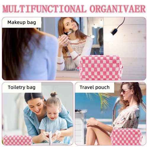 ZLFSRQ 2Pcs Checkered Pencil Case Cute Pencil Pouch for Teens Pink Checkered Makeup Bag Travel Cosmetic Bag Set Cute Preppy Makeup Pouch for Purse Portable Zippered Skincare Toiletry Bags Organizer