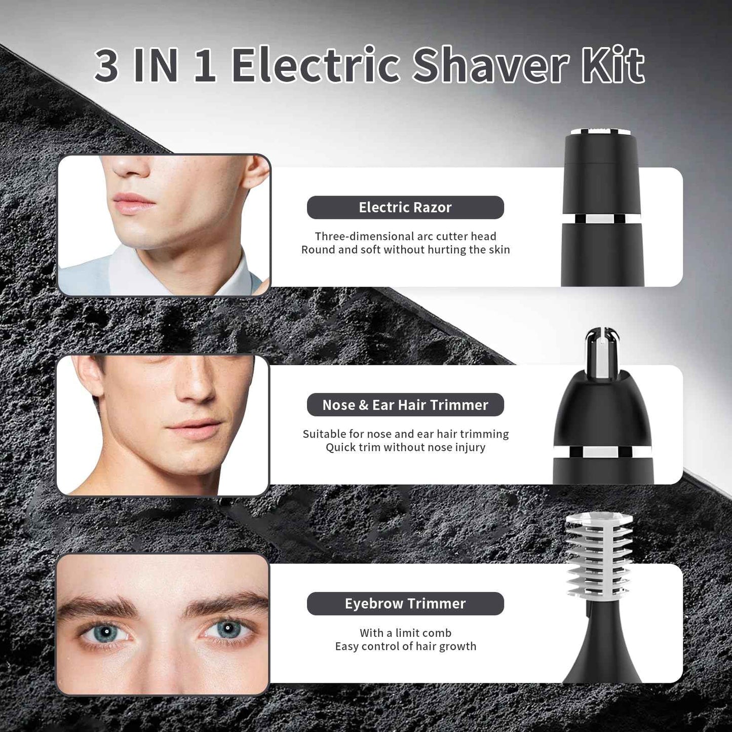 Erkot Nose Hair Trimmer for Men and Women, Eyebrow Trimmer, Electric Shaver Razor 3 in 1, Portable, Waterproof and Rechargeable for Ears, Face, Legs (Black)