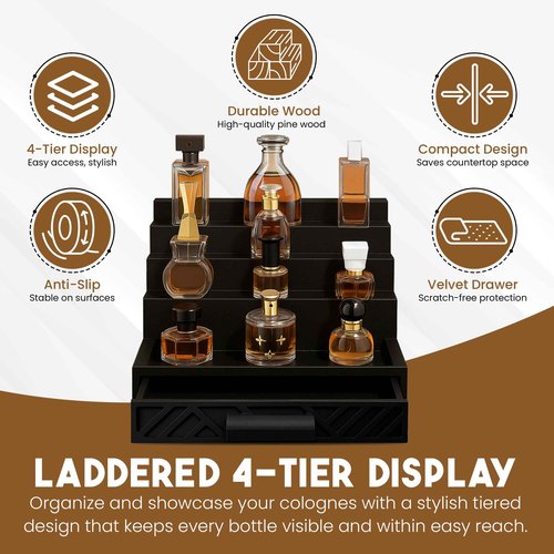 Cologne Organizer for Men - Drawers & Dresser Organizer Countertop - Perfume Holder Stand For Men Organizador De Perfumes - by NovaHavensNest (Black-4 Tier)