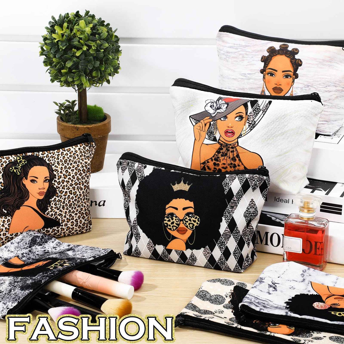 Umigy 12 Pcs African Girl Makeup Bag Black Girl Makeup Bag Afro Melanin Art Cosmetic Canvas Bags Funny Cute Reusable Toiletry Pouch Organizer Black Owned Business Gift for Women Lady(Leopard Print)