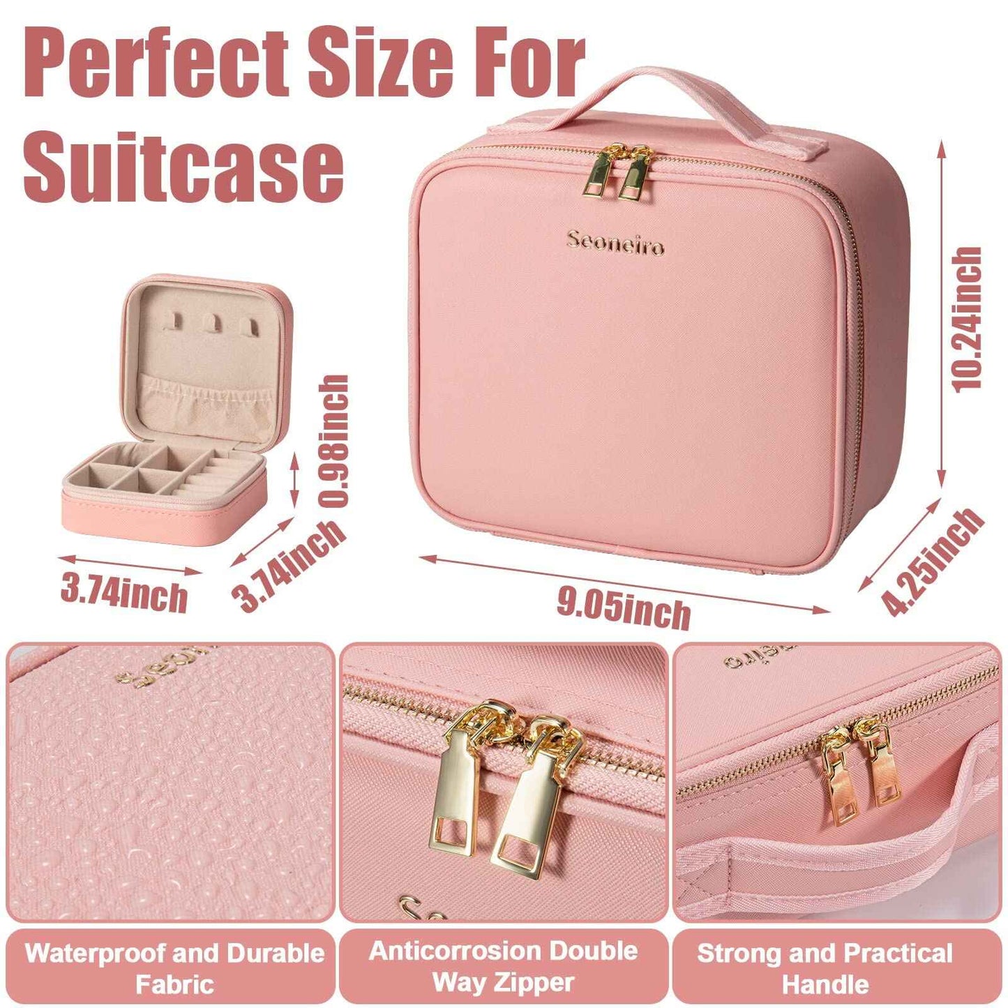 Seoneiro Makeup Travel Bag with LED Lighted Mirror Adjustable Brightness Portable Waterproof Makeup Case with Adjustable Dividers, Make up Train Case Organizer Makeup Brush Accessories and Tool Case