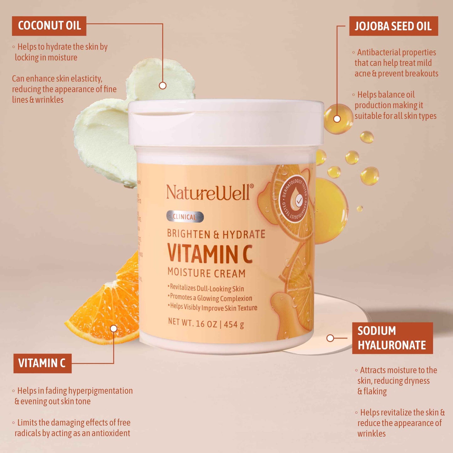 NATURE WELL Clinical Brighten & Hydrate Vitamin C Moisture Cream Skincare for Face & Body, Revitalizes Dull-Looking Skin, Promotes A Glowing Complexion, 10 Oz Ea - Pack of 2 (Packaging May Vary)