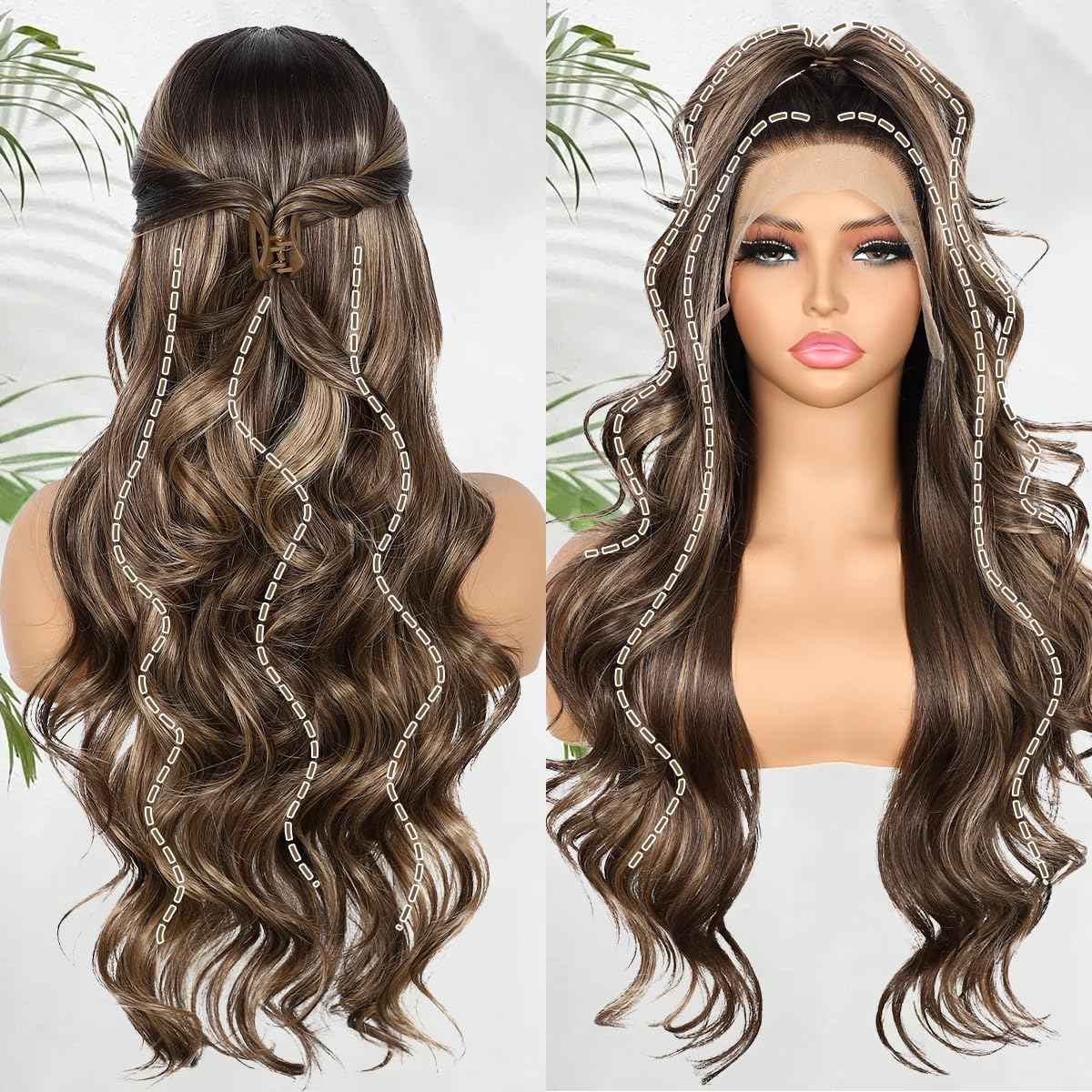 BABEHERS Brown Lace Front Wig for Women 13x4 Highlight synthetic Wig Pre-plucked Body Wave Long Wavy 150% Density Heat Resistant Hair for Daily Party Use 26 Inch