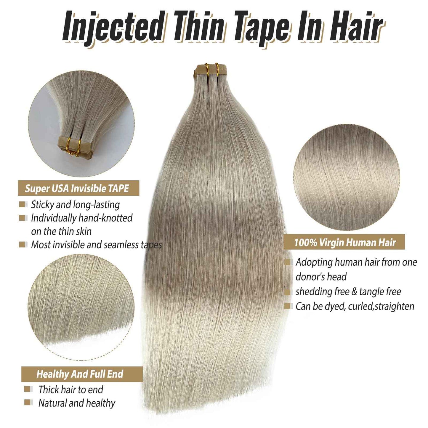 Tape in Hair Extensions Ice White Remy Human Hair Skin Weft Invisible Hair Extensions 18 Inch 50g/20pcs