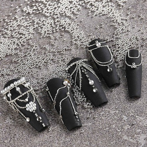3D Nail Art Steel Pearls Mini Caviar Beads Silver Nail Charm 0.4mm-1.2mm Mini Caviar Metal Steel Beads for Women DIY Nail Art Accessories
