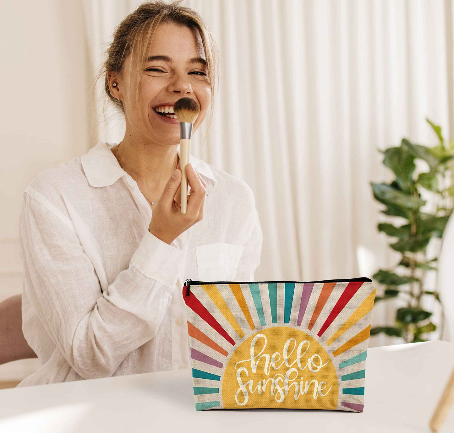 OHSUL Hello Sunshine Inspirational Makeup Bag,Boho Sun Colorful Sunshine Ray Cosmetic Bag Travel Pouch,Boho Travel Makeup Bag,Gifts for Boho Lovers Girls