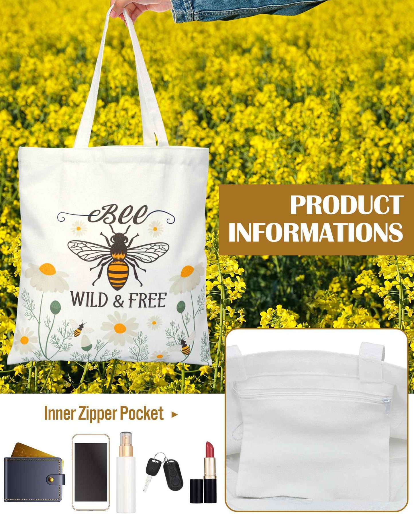 Bulyoou 3 Pcs Bee Themed Gifts for Women Funny Honeybee Canvas Tote Bag with Zipper Makeup Bag and Socks Bee day Holiday Birthday Gifts for Mother Teachers Employee Beekeepers Lovers