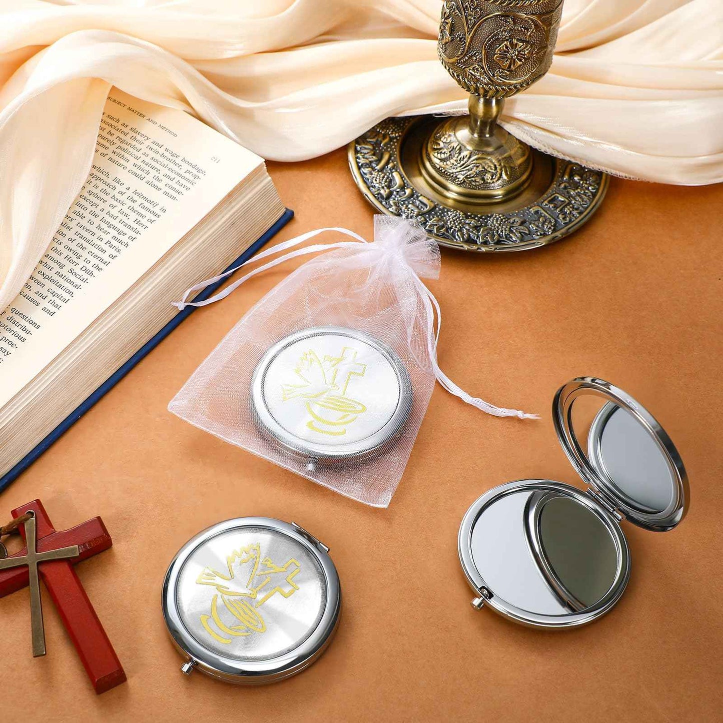 Yerliker 12 Pcs Baptism Compact Mirror Favor Bautizo Recuerdos First Communion Come with Organza Bags Bautizo Recuerdos Holy Spirit Dove Design Compact Mirror Christening Religious Gift for Guest