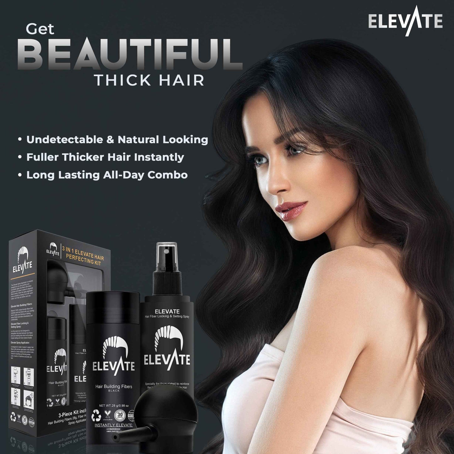 ELEVATE Hair Perfecting 3-in-1 Kit Set Includes Natural Hair Thickening Fibers & Spray Applicator Pump Nozzle & Locking Setting Hold Spray | Instantly Conceal Balding and Thinning Areas (Black)