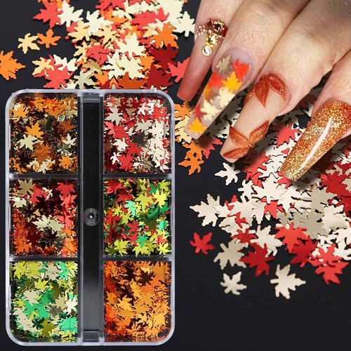 Maple Leave Nail Art Glitter Holographic Leaf Nail Sequin Autumn Nail Flakes Fall Nail Decoration Thanksgiving Nail Accessories Supplies for Women Girls