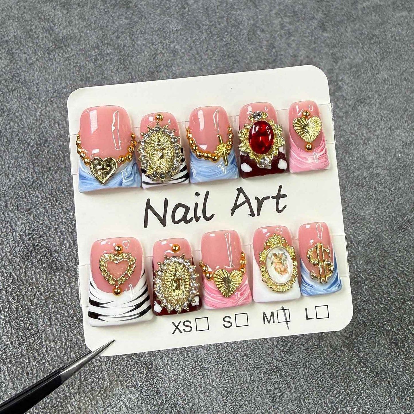10 Pcs Duck Press on Nails Medium Fake Nails Sea Waves Pink French Tip Handmade False Nails with Glue, with 3D Golden Heart Design Artificial Acrylic Stick on Nails for Women(M)
