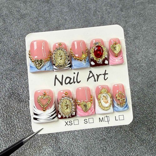 10 Pcs Duck Press on Nails Medium Fake Nails Sea Waves Pink French Tip Handmade False Nails with Glue, with 3D Golden Heart Design Artificial Acrylic Stick on Nails for Women(M)