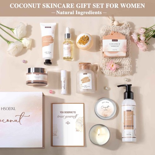 Gifts for Women Bath and Body Gift Basket Set for Women, 12 Piece Set of Coconut Home Spa Set for Self Care, Mothers Day Relaxing Bath Sets Birthday Christmas Gifts for Mom Sister Her Wife