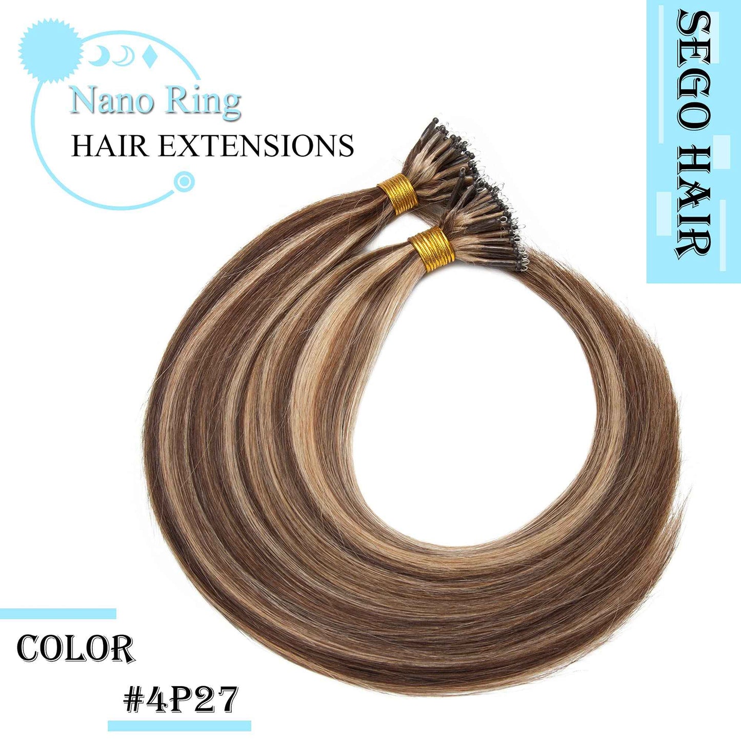 SEGO Nano Tip Hair Extensions Human Hair Balayage Nano Ring Beads Pre-bonded Seamless Highlight Extensions for Women 1g/strand 50g/pack -16 Inch /4P27 Medium Brown&Dark Blonde