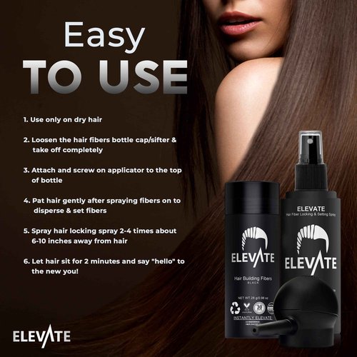 ELEVATE Hair Perfecting 3-in-1 Kit Set Includes Natural Hair Thickening Fibers & Spray Applicator Pump Nozzle & Locking Setting Hold Spray | Instantly Conceal Balding and Thinning Areas (Black)