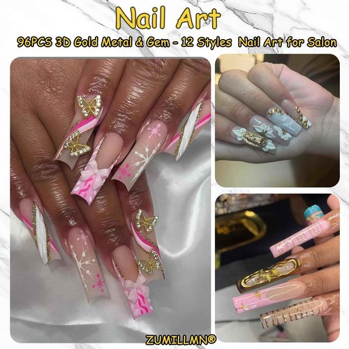 ZUMILLMN 96PCS 3D Nail Charms - Gold Alloy Bow, Rose,Butterfly,Cross,Star,Virgin Mary & Coin Charms, Shiny Nail Rhinestones for Nail Art, Manicure, DIY Jewelry Making(96pcs)