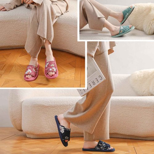 3 Pairs Floral Cotton House Slippers for Women, Open Toe Indoor Slippers Comfortable Washable Portable Foldable Guest Travel Hotel Airplane Spa Slippers