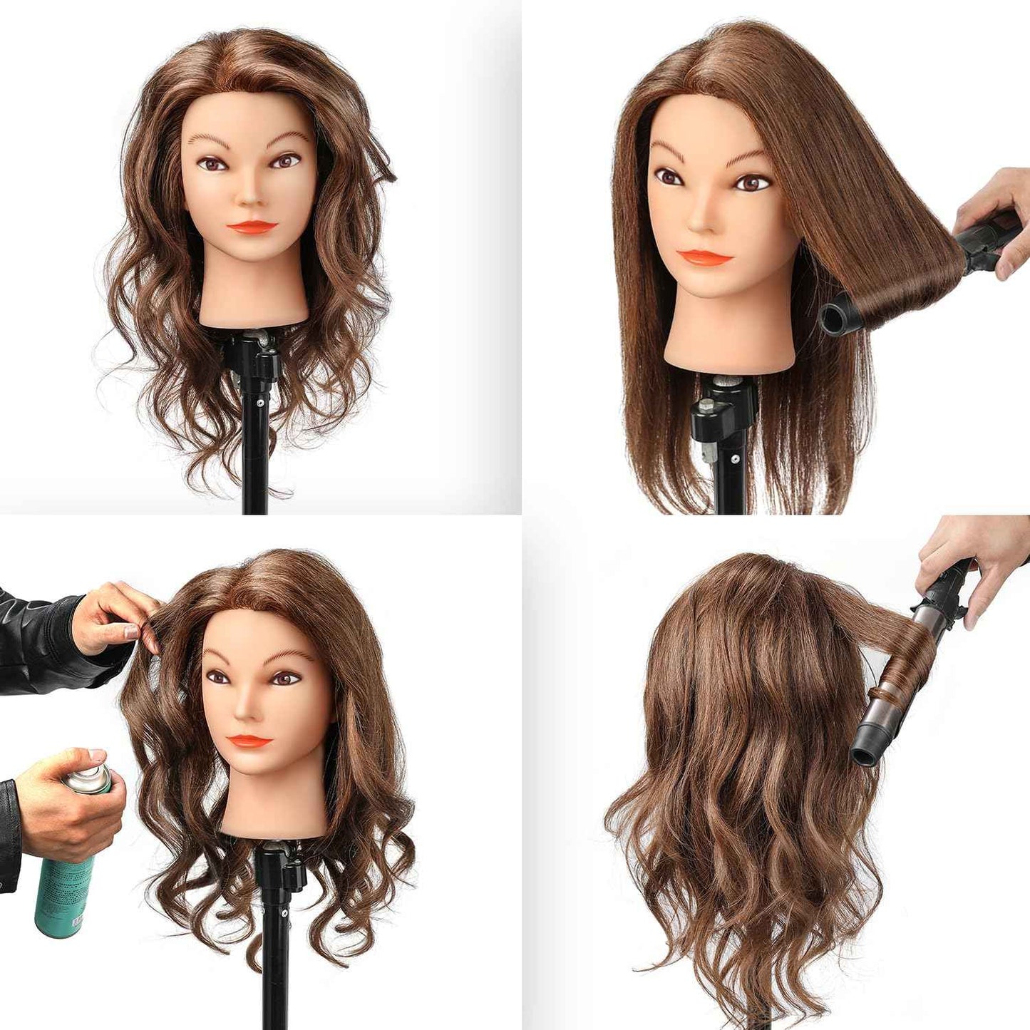 100% Human Real Hair Mannequin Head with 9 Tools and Clamp, Hairdressers' Practice Training Manikin Head and Cosmotology Doll Head for Hairstyling and Braid - Dark Brown