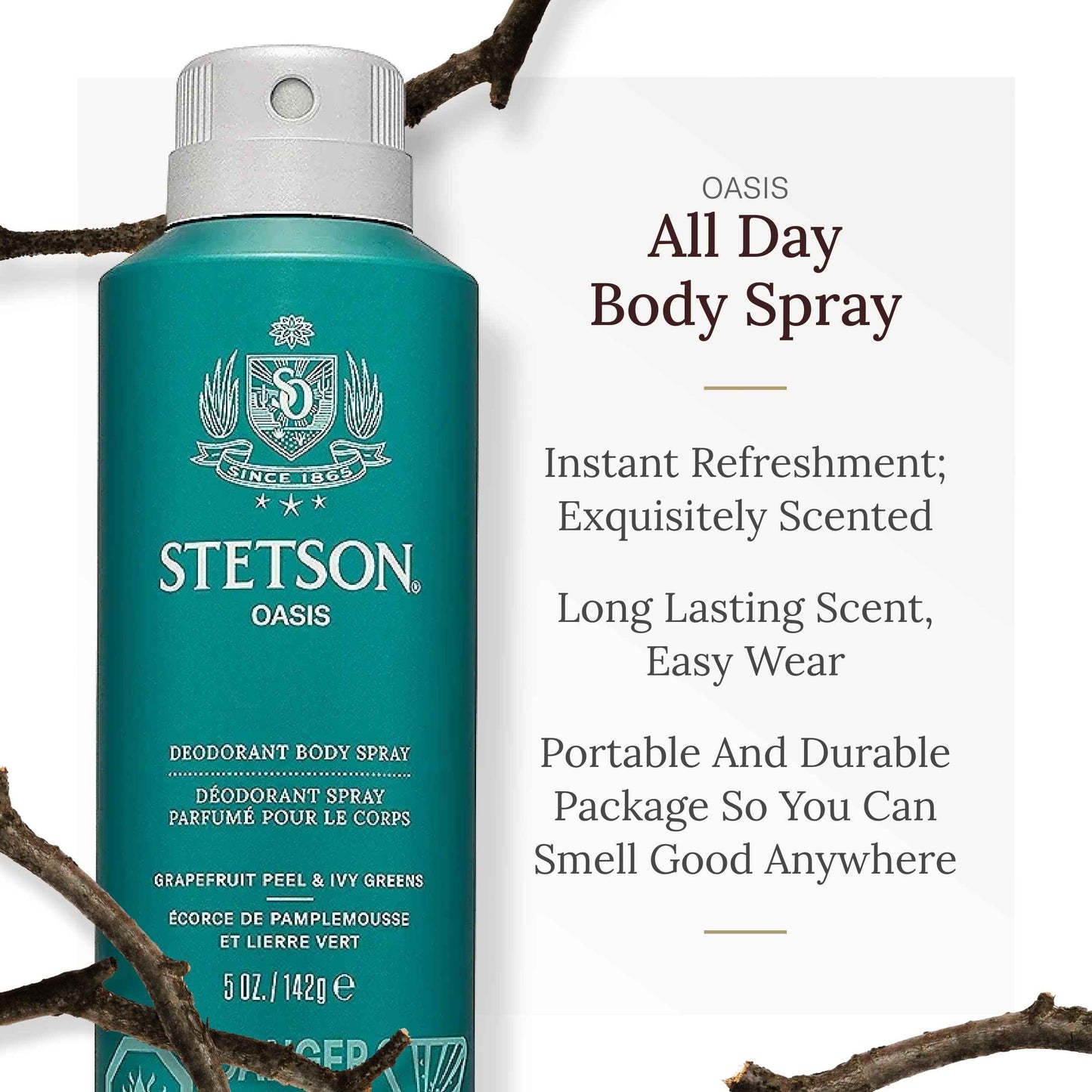STETSON Personal Care All Day Body Spray by Scent Beauty - Body Spray for Men - Perfect for Men's Grooming Kit - 5 oz - 3 Pack - Oasis