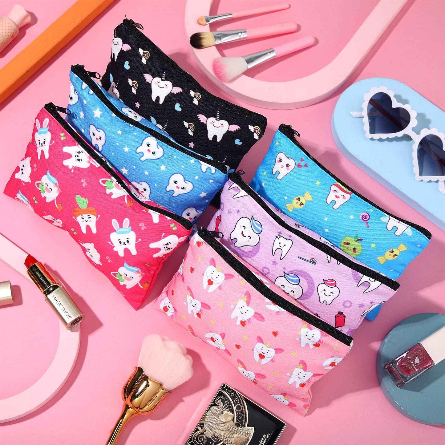 Saintrygo 12 Pieces Teeth Makeup Bag Cute Cosmetic Bag for Nurse Women Dental Dentist Gift Colorful Toiletry Bag Multifunctional Polyester Bag with Zipper Teeth Printed Accessories (7.09 x 4.33 Inch)