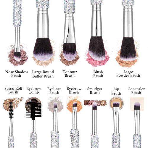 Nuogo 13 Pcs Rhinestone Makeup Brushes Set 12 Bling Crystal Professional Face Cosmetics Blending Liquid Foundation Powder Concealer Eye Shadows Make up Beauty Tool Glitter with 1 Holder