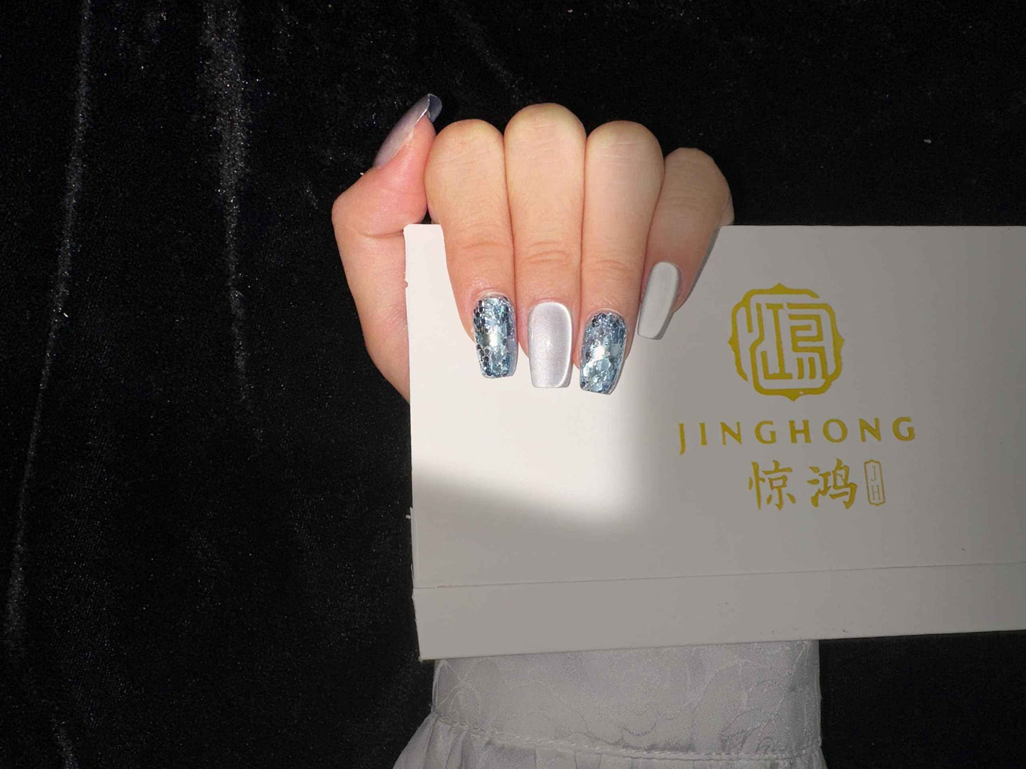 JINGHONG handmade nails,press on nails, cateye polish,amourwa,nail glitters,blue,square, Size-Large
