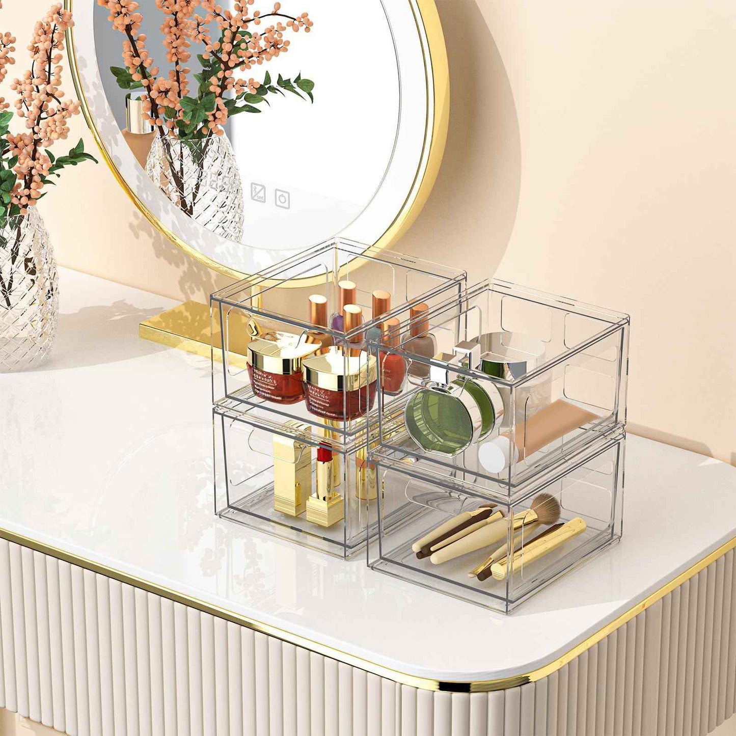 SpaceHacks 6 Pack Stackable Plastic Makeup Organizer Drawers, Acrylic Organizers, Clear Storage Bins with Pull-Out Handles for Vanity, Kitchen Cabinets, Pantry