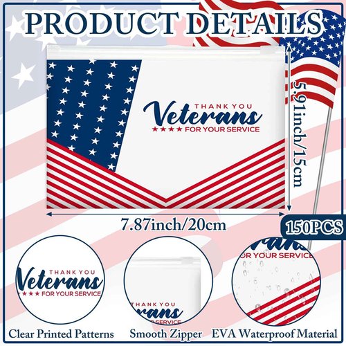 SilTriangle 150 Pcs Veterans Thank You Bag Bulk Red Blue EVA Cosmetic Bag American Flag Thank You for Your Service Gifts Patriotic USA Military Party Favors for Veterans Day Men Soldier