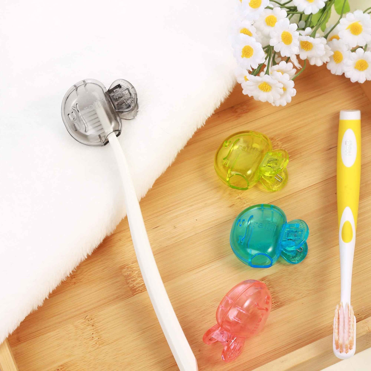 Uralili 4 Pack Toothbrush Protector Caps: Portable Dustproof Brush Head Covers for Travel & Home Use - Universal Fit for Electric & Manual Brushes (Blue, Black, Pink, Yellow)