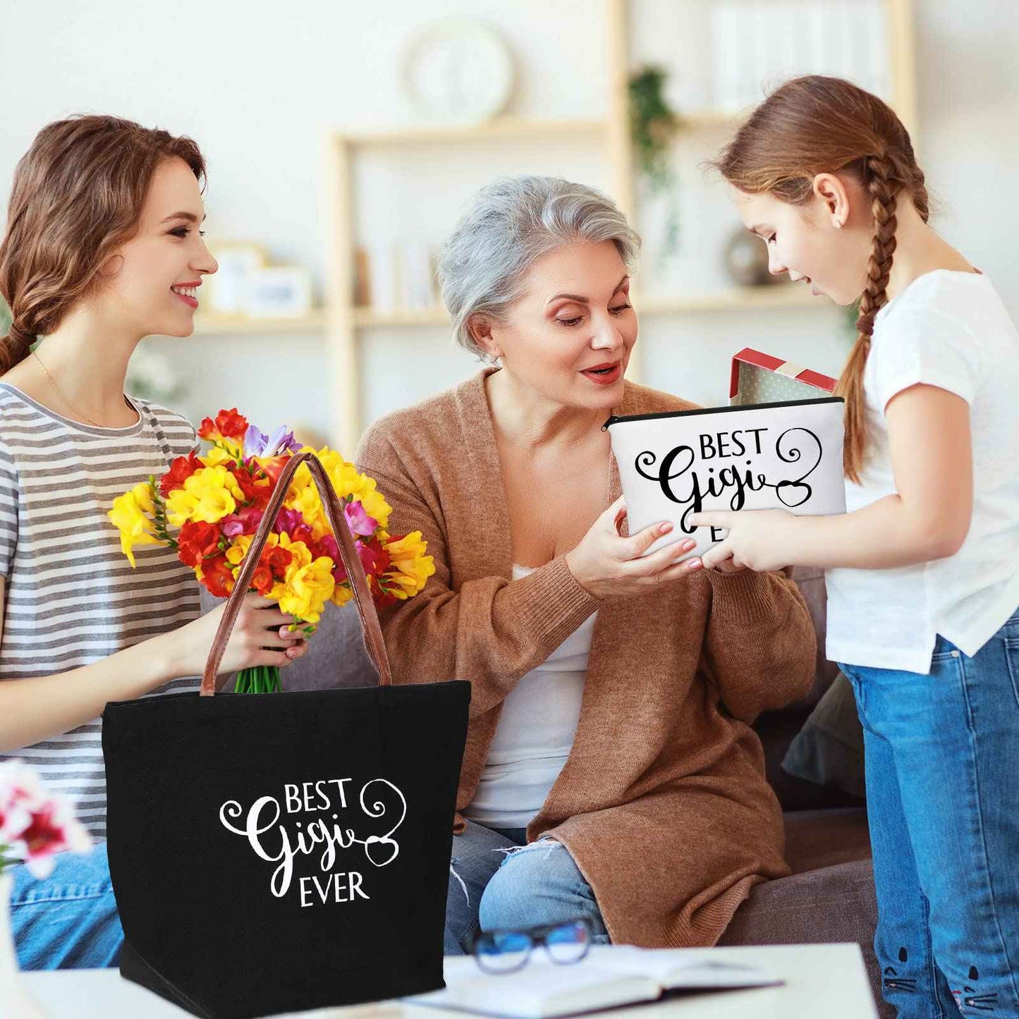 Sieral 2 Pcs Mother's Day Gifts Tote Bag and Makeup Bag Mom Grandma Proposal Birthday Gifts for Women(Gigi)