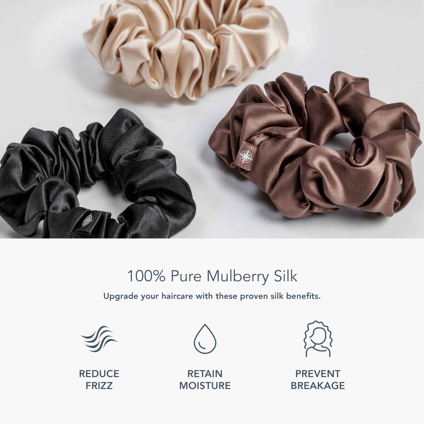 Fishers Finery 25 Momme Pure Mulberry Silk Large Scrunchies - Hair Tie Set, Gentle and Prevents Breakage (Taupe|Chocolate|Black- 3 PK)
