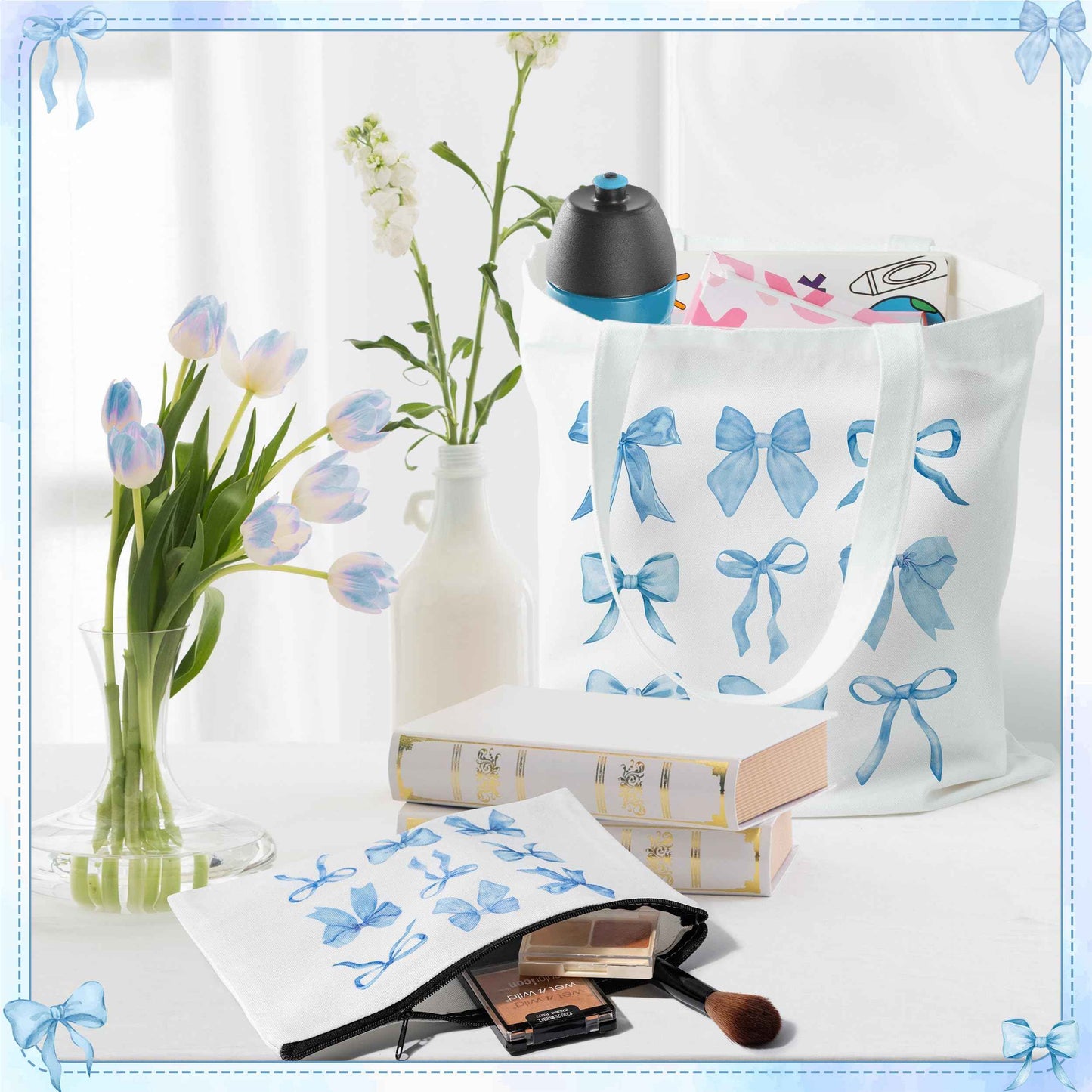 Y1tvei Blue Bows Canvas Bags - 2Pcs Cute Blue Coquette Aesthetic Tote Bag with Inner Pocket, Reusable Grocery Folding Shopping Bag, Bow Knot Zipper Makeup Pouch Gifts for Women Girls Daughter Mother