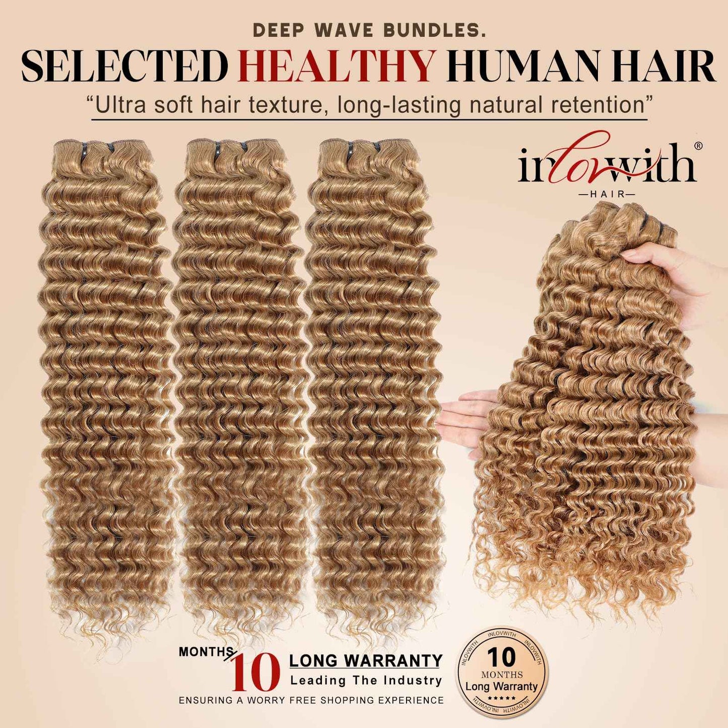 inlovwith Honey Blonde Deep Wave Human Hair Bundles, Selected Healthy Deep Curly Bundles Human Hair 27# Colored Brazilian Virgin Hair Wet and Wavy (Single Bundle, 18 Inches)