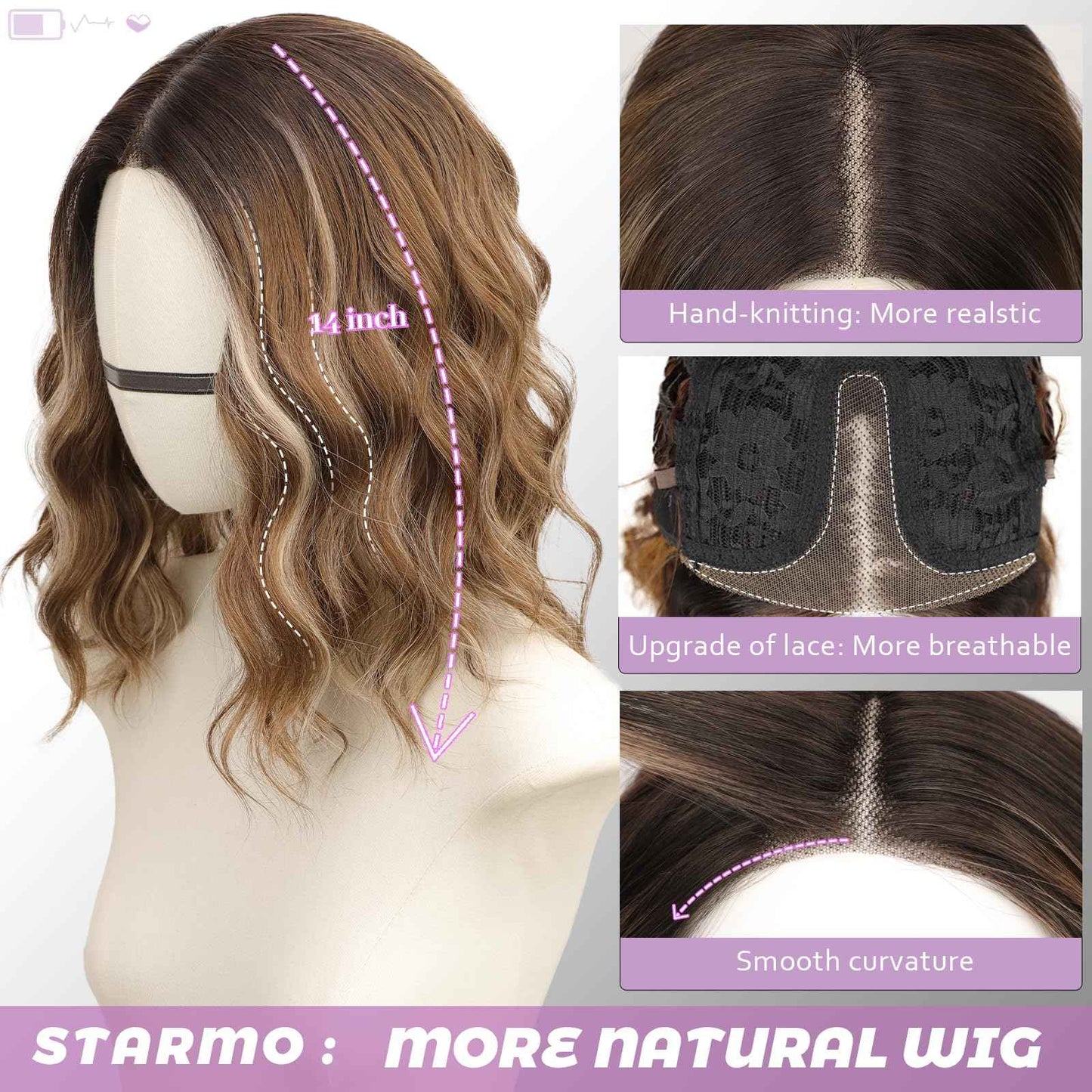 Starmo Ombre Light Brown With Blonde Short Wavy Bob Glueless Synthetic Lace Front Wig for Women Pre Cut for Beginners Natural Hairline 14 Inch
