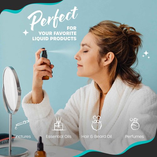 Nevlers Amber Glass Spray Bottles Small 1 Oz 48 PK | Mini Spray Bottle Set w/Amber Bottles, Shrink Wrap, Labels, Marker, Funnel & Brush | Travel Size Mist Bottle For Use as Oil Mister & Hair Mister