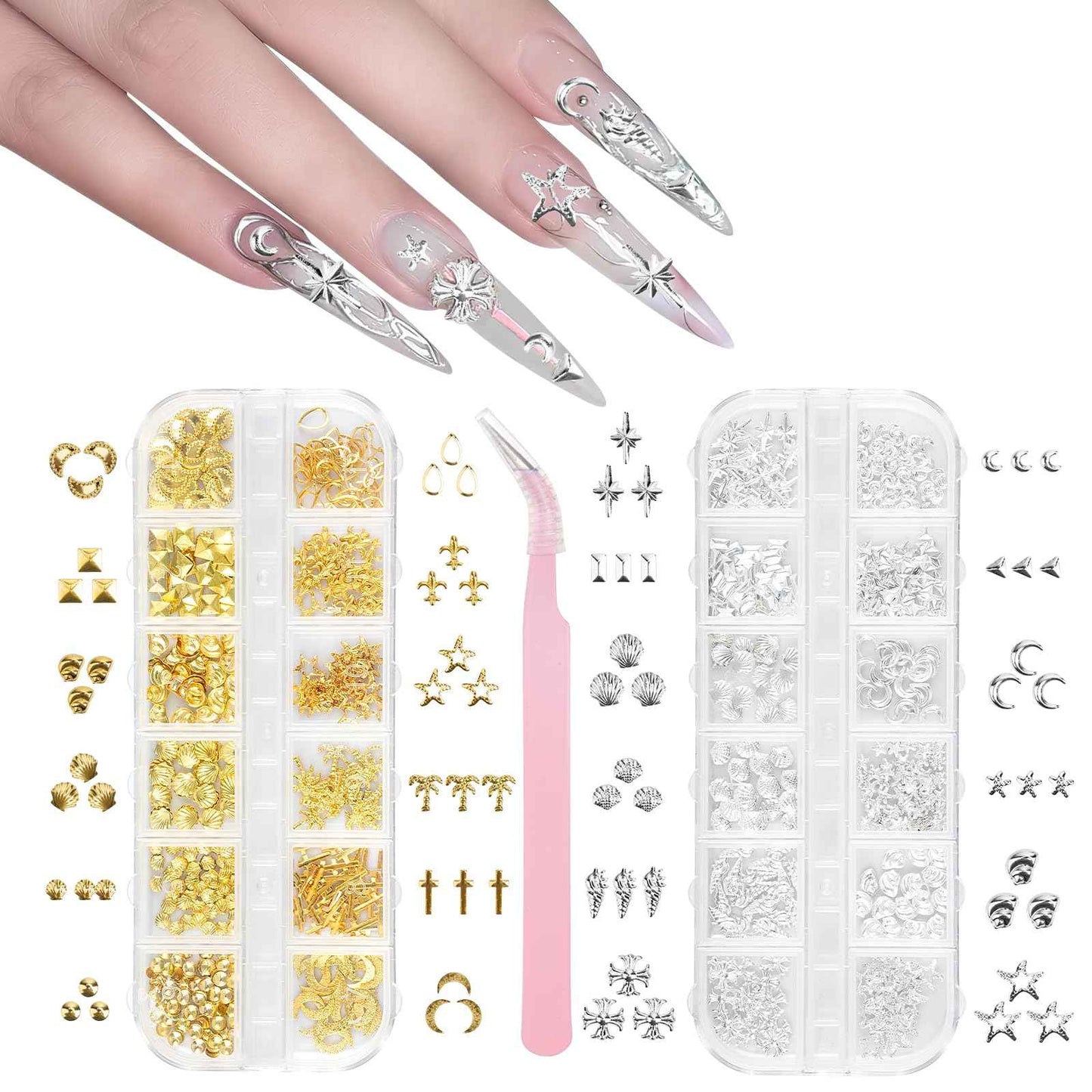 Madenia 600PCS 3D Nail Charms - Gold Silver Star Moon Shell Nail Gems DIY Crafts, Y2K Punk Metal Alloy Rivet Nail Studs for Nail Art Decorations Accessories