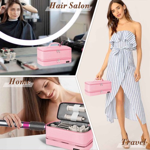 ZRRAJOY Double Layer Storage Case For Shark Flexstyle, Travel Carrying Case For Shark 430/440 Flexstyle, Organizer Bag For Shark Flexstyle/Dyson Airwrap Styler Attachments (Pink)
