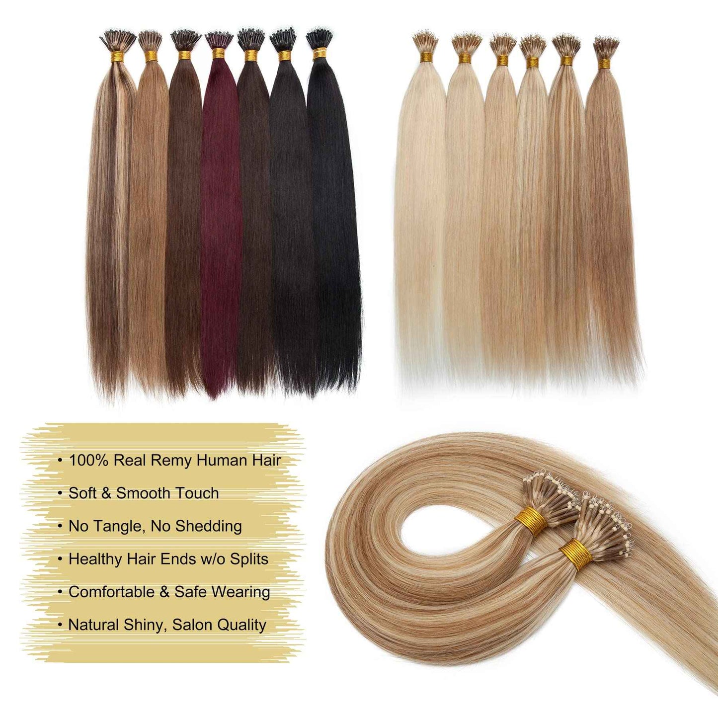 S-noilite Nano Ring Human Hair Extensions Pre Bonded Nano Bead Tip Hairpieces Balayage Highlighted Cold Fusion Micro Link Loop Remy Hair 50g 50 Strands For Women 18" #12/613 Golden Brown/Bleach Blonde