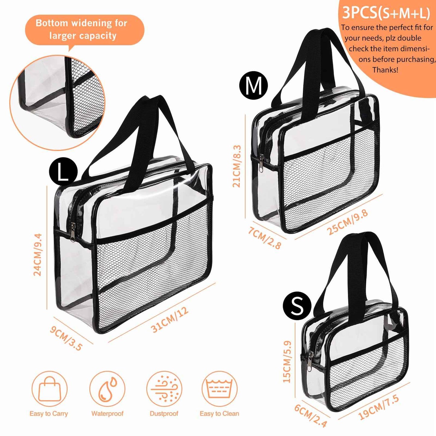 XEWEA Large Small Clear Travel Toiletry Bags with Handles & Pocket for Men Women, 3PCS TSA Approved Transparent Makeup Bag,Waterproof PVC Quart Organizer with Zipper for Toiletries Airline Essentials