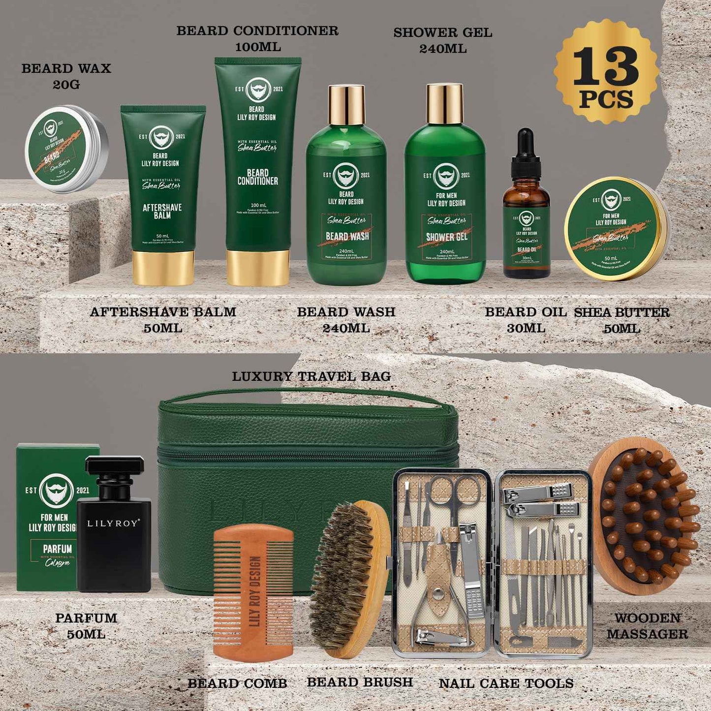 Father's Day Spa Gift for Men - Luxury 32Piece Shea Butter Bath & Beard Gift Set for Men Bath & Body Care Kit for Him with Beard Wax | Christmas, Valentine's Day, Birthday, Relaxation Gift Set for Dad
