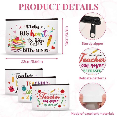YOMOVER Teacher Appreciation Gifts Makeup Bag - 4 Pcs Best New Teacher Gifts for Women Small Cosmetic Bags Canvas Travel Toiletry Bag with Zipper for Teacher's Day Graduation Back to School