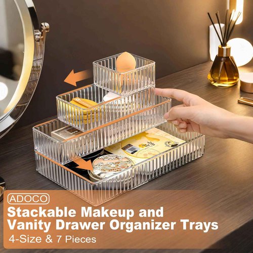 Adoco 7 PCS Clear Drawer Organizers Bins, 4-Size Stackable Makeup Vanity Drawer Organizer Trays, Acrylic Bathroom Drawer Organizer Storage Containers for Cosmetic,Office Supply