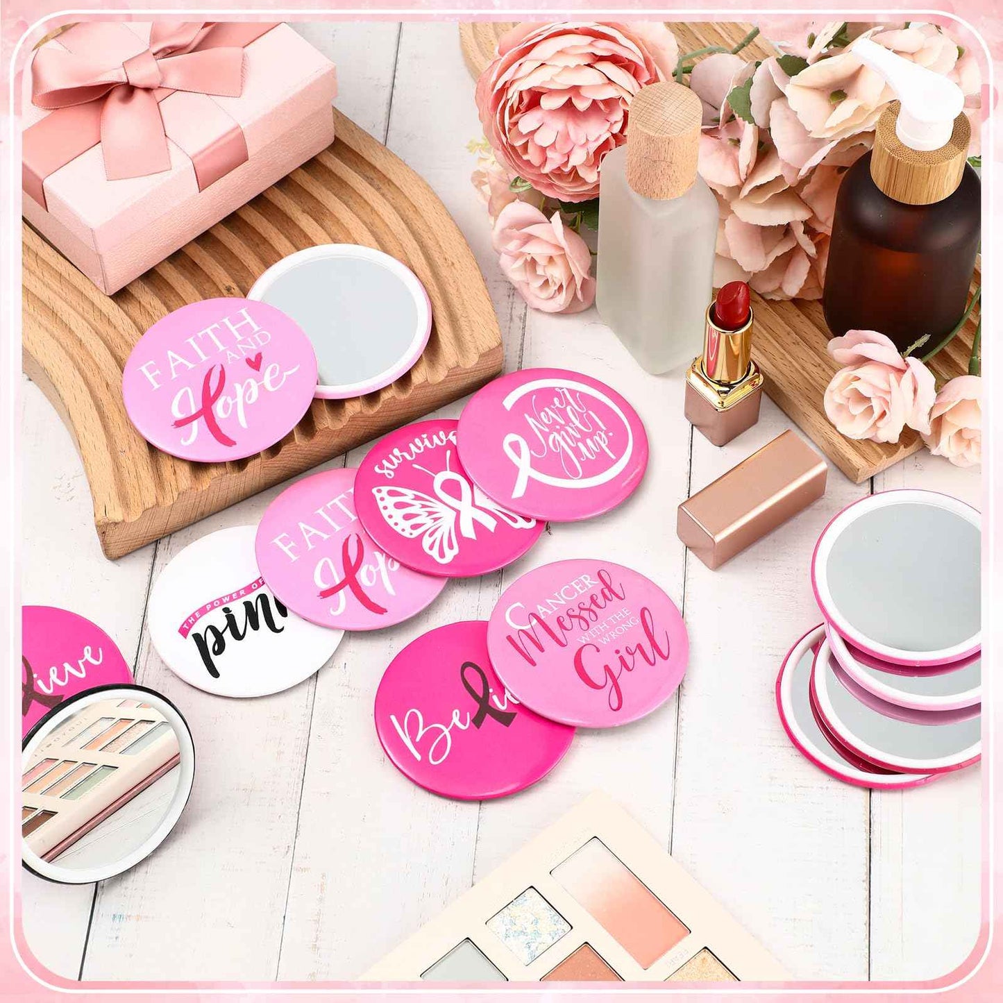 Wonderjune 200 Pcs Breast Cancer Awareness Gifts Pocket Mirror Bulk Portable Travel Mirrors Pink Ribbon Breast Survivor Compact Mirror for Charity Women Public School Events Supplies (Inspirational)