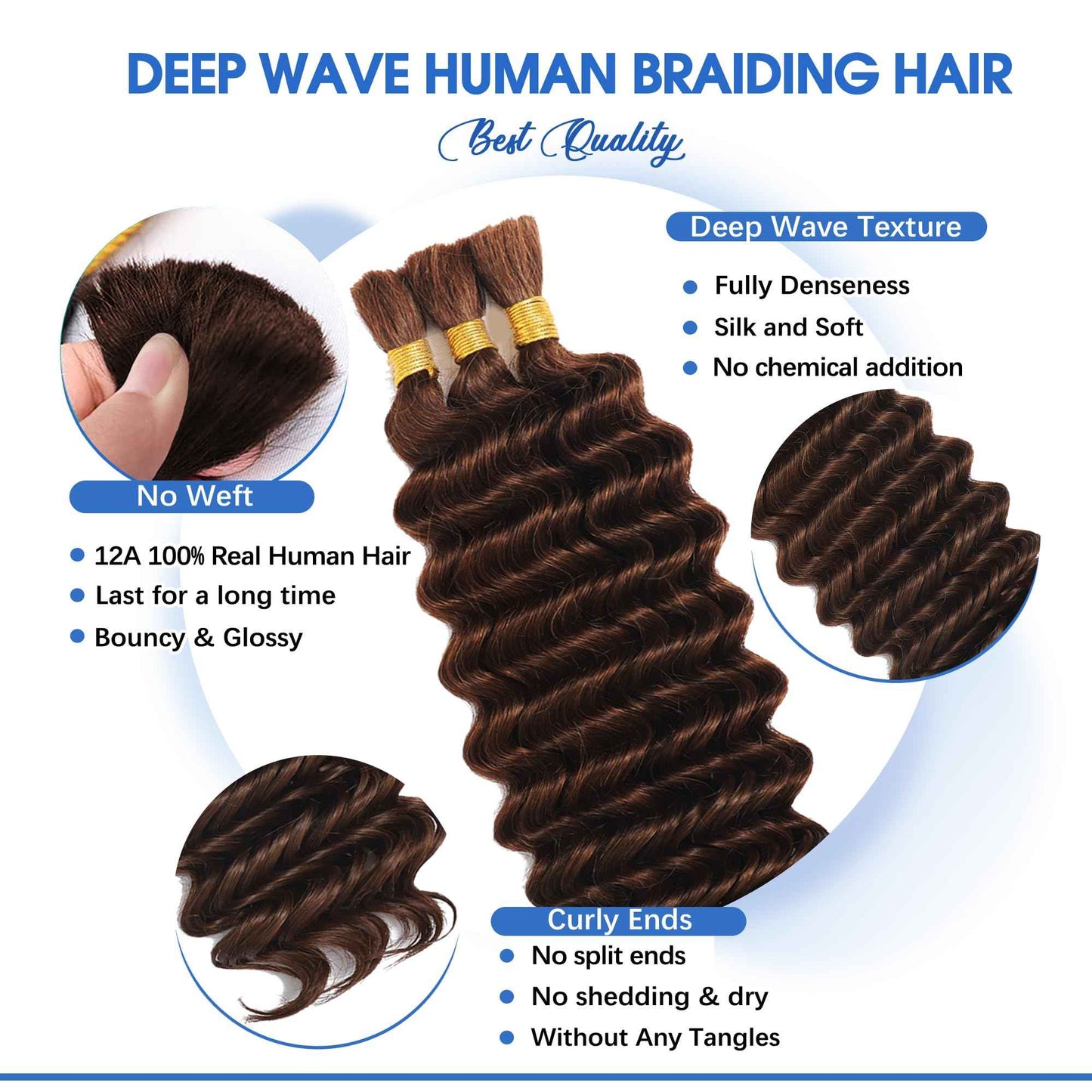 Human Braiding Hair for Boho Braids Human Hair 120g 16Inch Curly Boho Hair for Braiding Knotless 12A Deep Water Wave Bulk Hair Bohemian Braids No Weft 3 Bundles/Pack Chocolate Brown