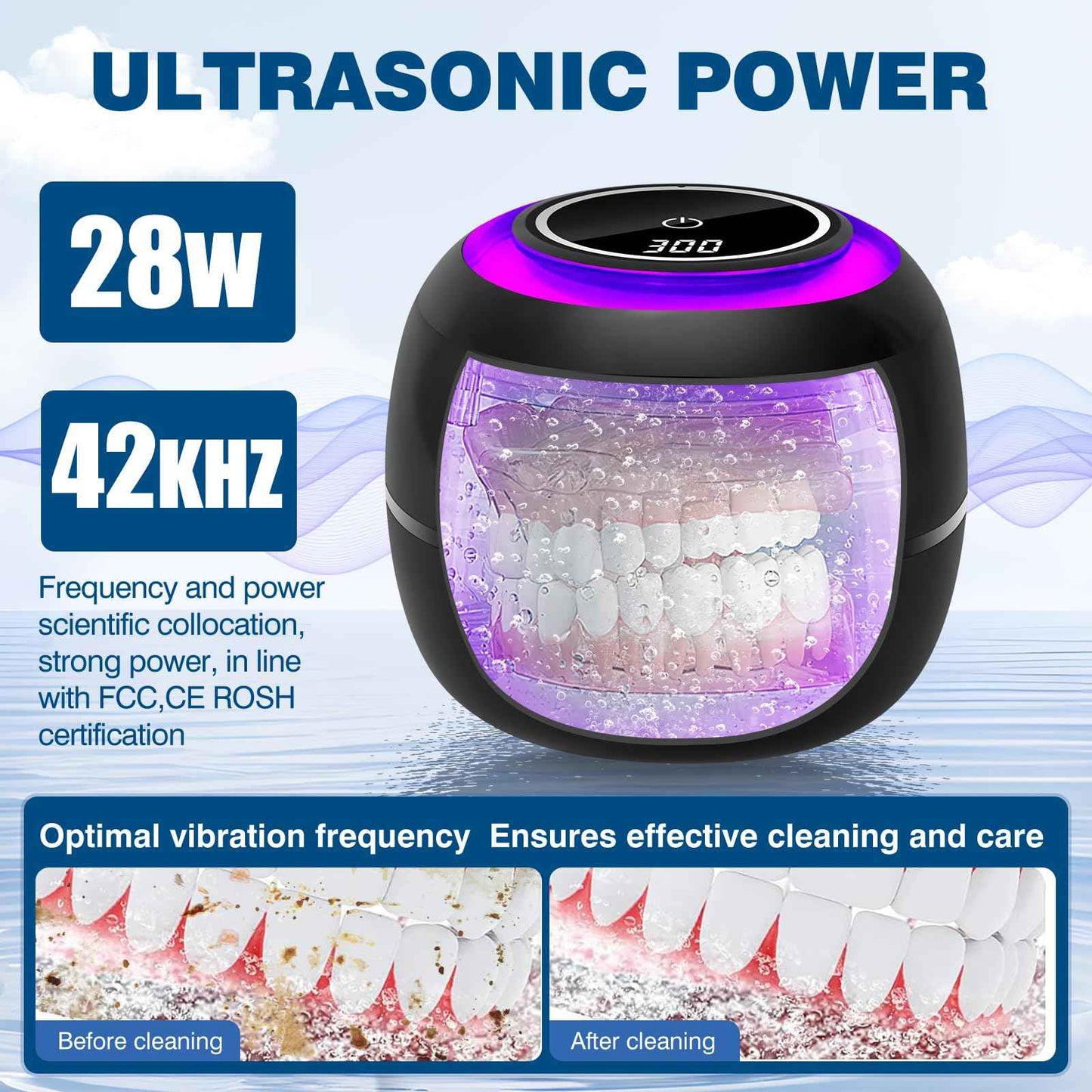 Dental Ultrasonic Retainer Cleaner Machine: 42KHz 28W 180ml,Dental Cleaning Pod for Dentures, Aligners & Mouthguards