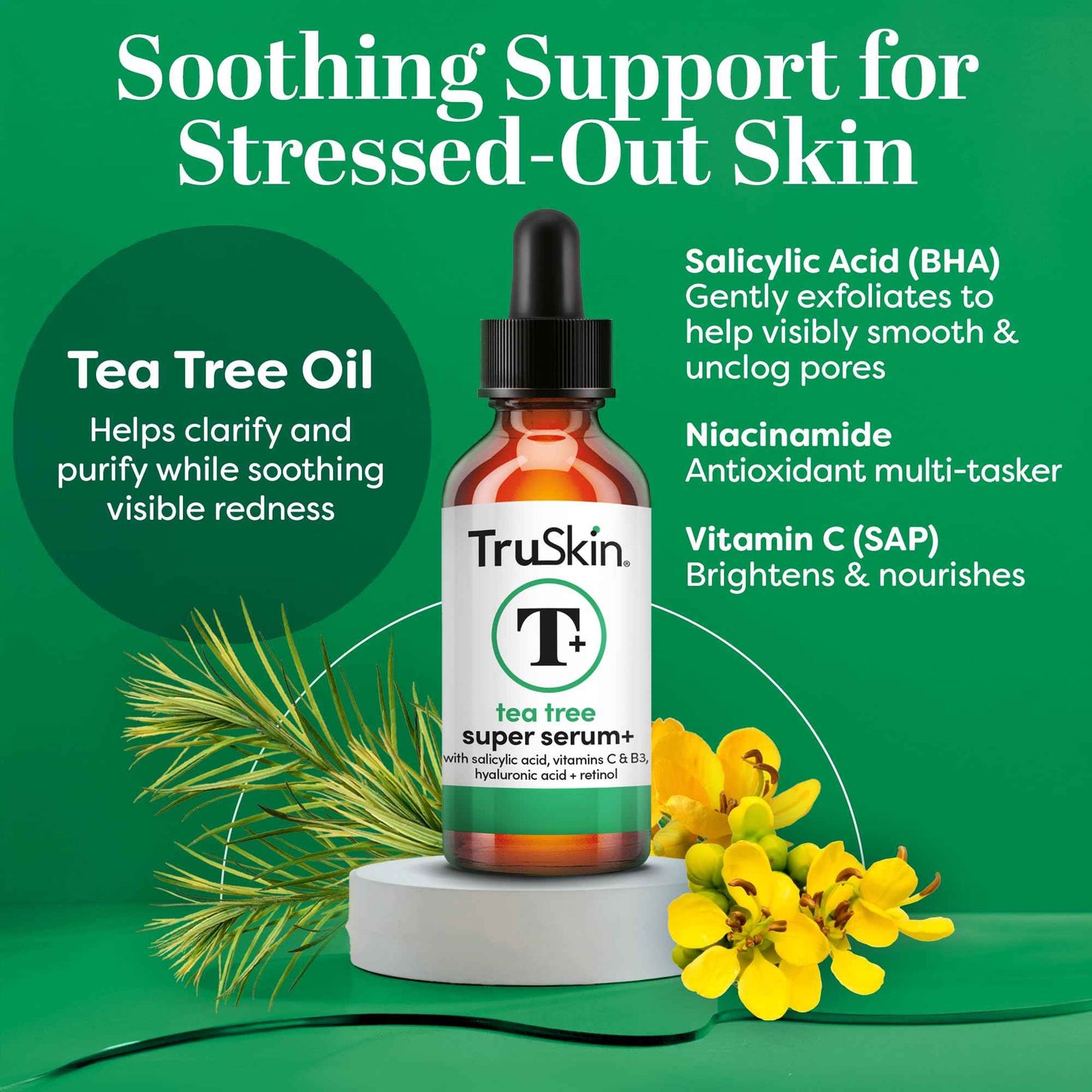TruSkin Tea Tree Oil Acne Treatment for Face – Acne Serum – Improve the Appearance of Pores, Skin Tone for Smooth, Glowing Skin with Salicylic Acid, Vitamin C, Niacinamide & Retinol, 2 OZ
