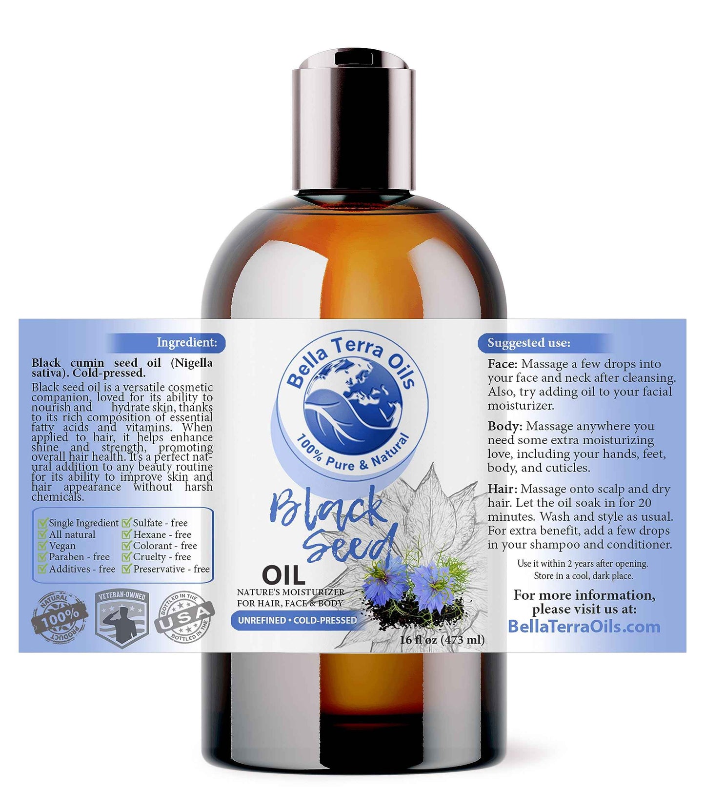 Bella Terra Oils - Black Seed Oil 16oz - Purity from Black Cumin Seeds, Bursting with Omega Fatty Acids & Vitamins, Enhance Your Beauty Regimen