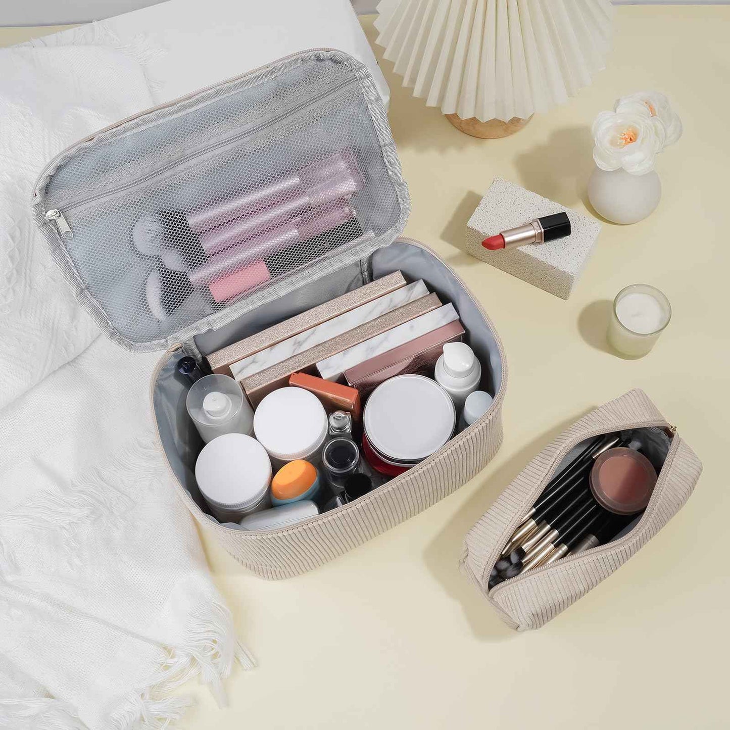MAGEFY 2Pcs Makeup Bag,Cosmetic Bag Large Capacity with Handle Small Makeup Bag for Purse, Travel Makeup Pouch for Women,Beige
